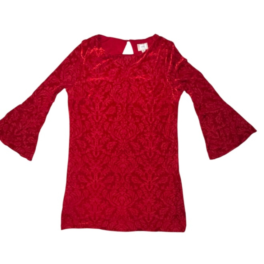 Eci Red Velvet Bell Sleeve Shift Dress Knee Length Textured Size XL